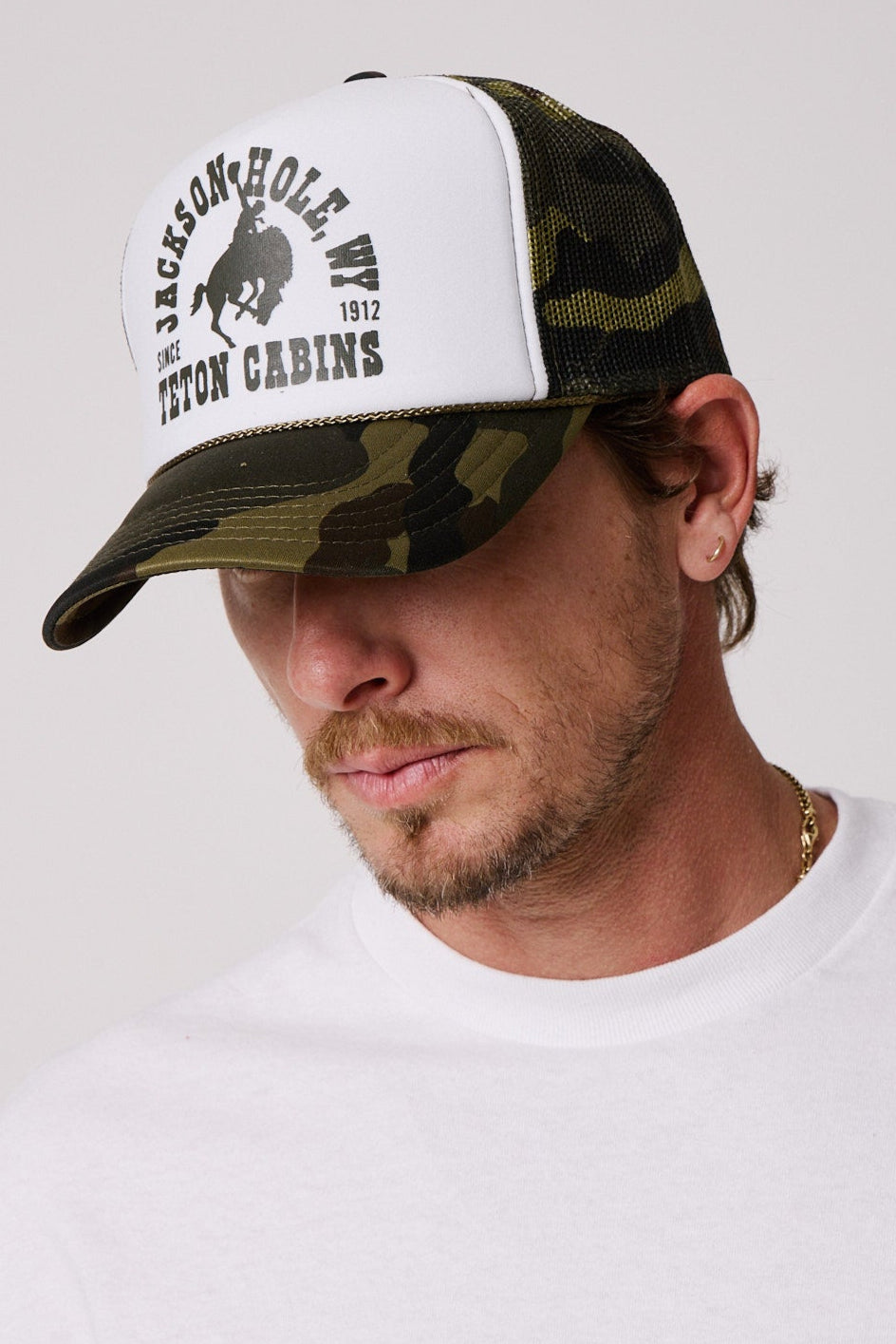 Camo & Front White | Diamond cross ranch Buckin Trucker Camo cap