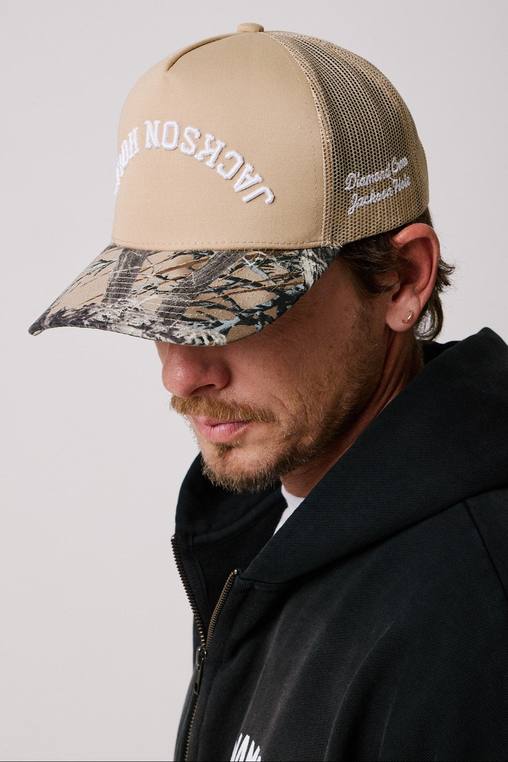 Tan and White | Diamond cross ranch Jackson Camo Trucker cap