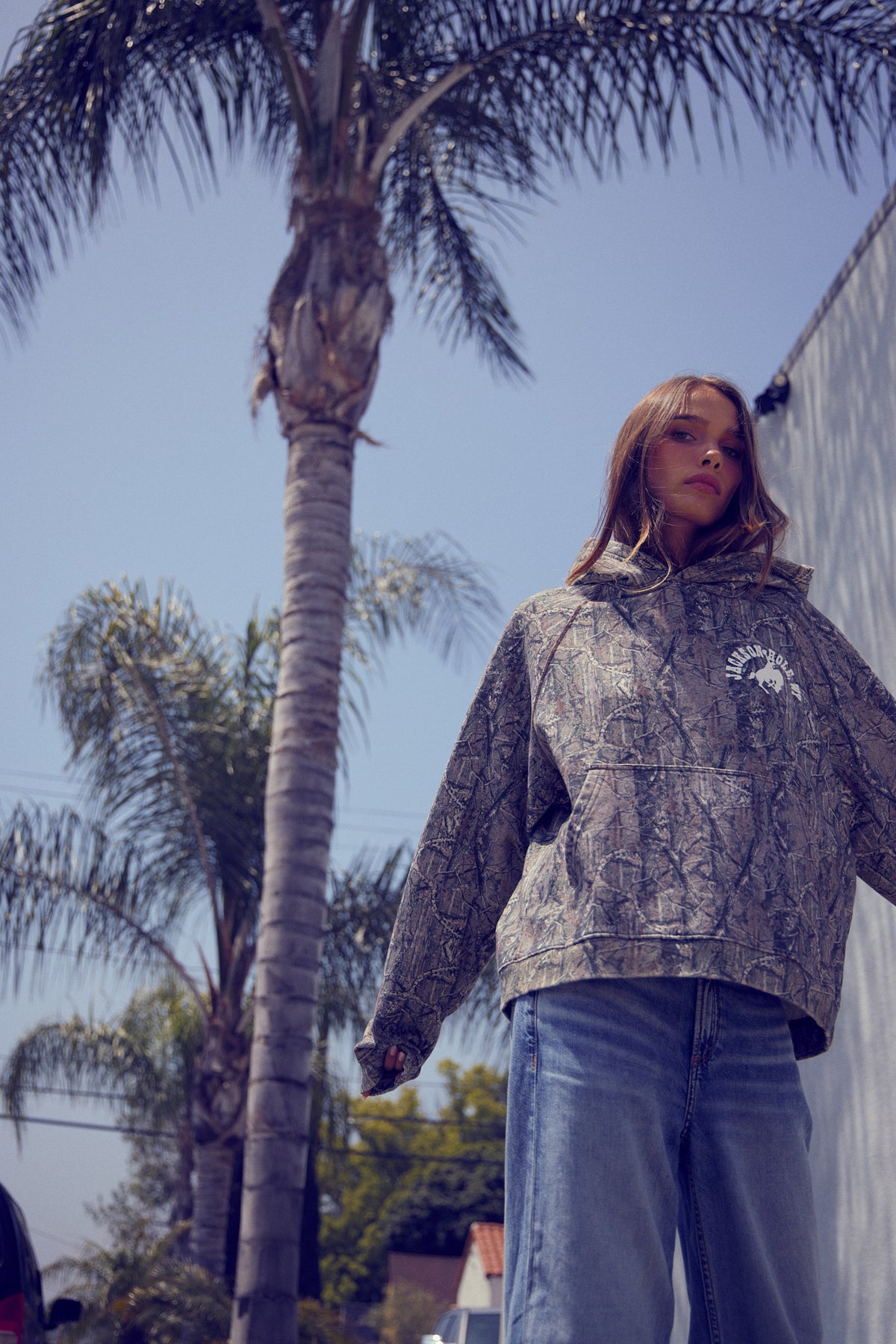Sage Brush Camo | Person wearing a patterned hoodie with a palm tree and clear sky in the background