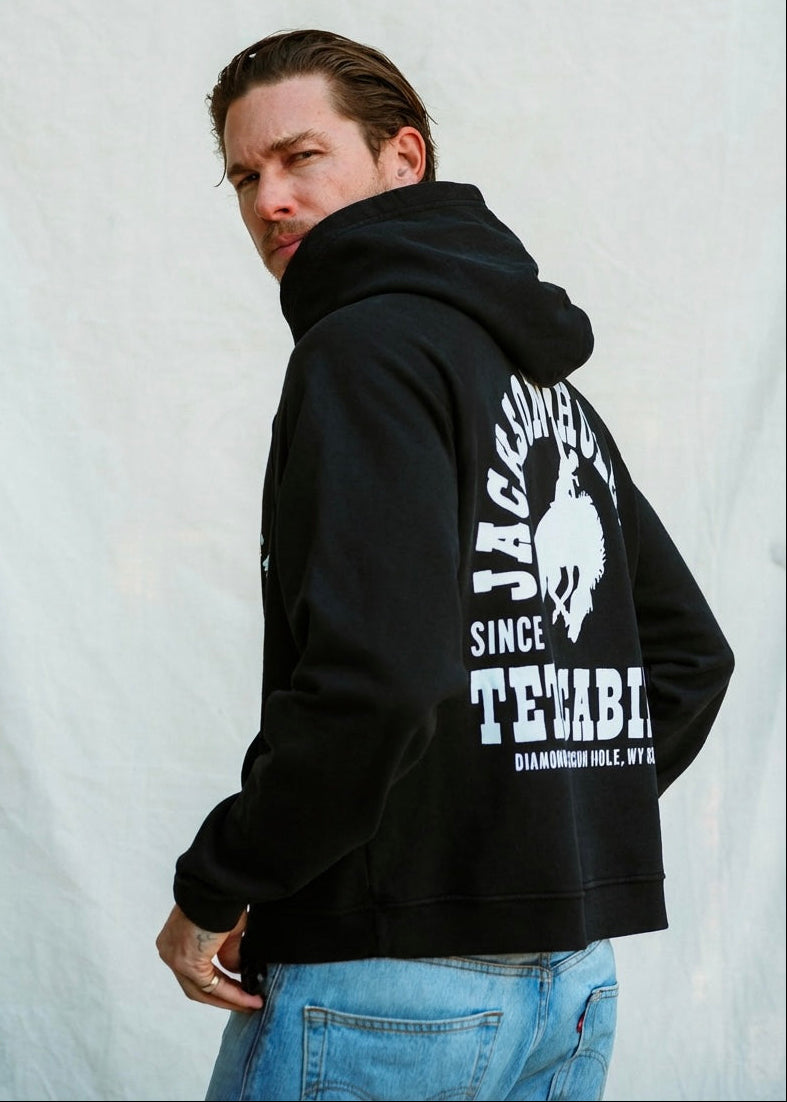 Sun Faded Black | Man wearing a black hoodie with branding on the back against a plain background