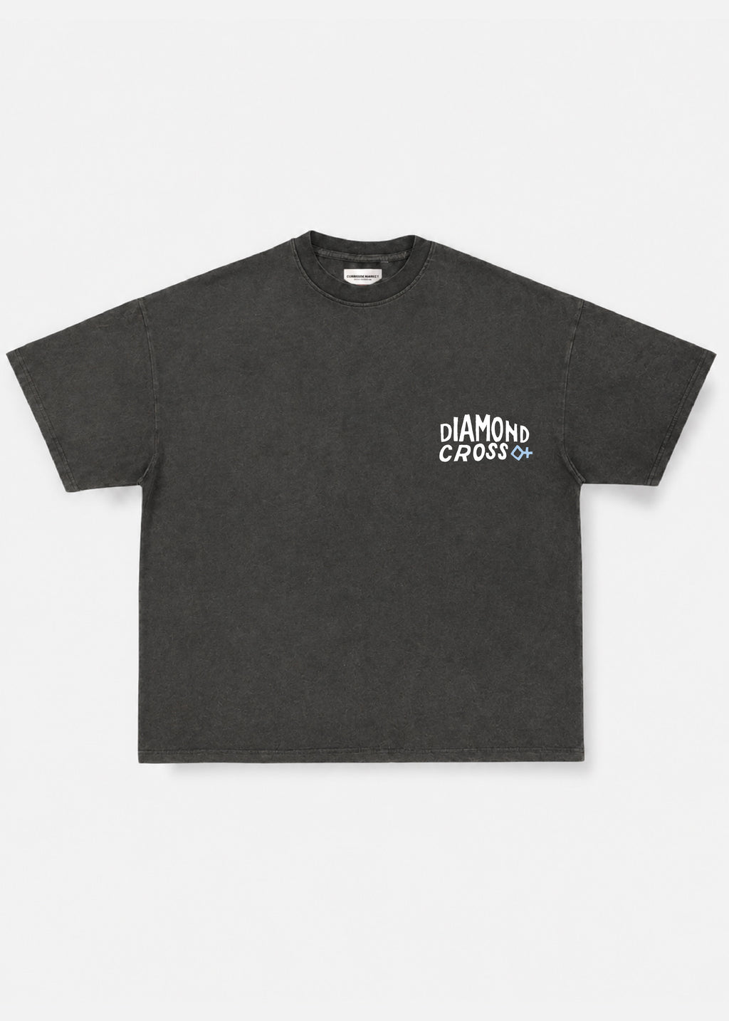 Sun Faded Black | A dark charcoal gray short-sleeve t-shirt with a white and blue 'DIAMOND CROSS' logo printed on the left chest, displayed flat against a light gray background.