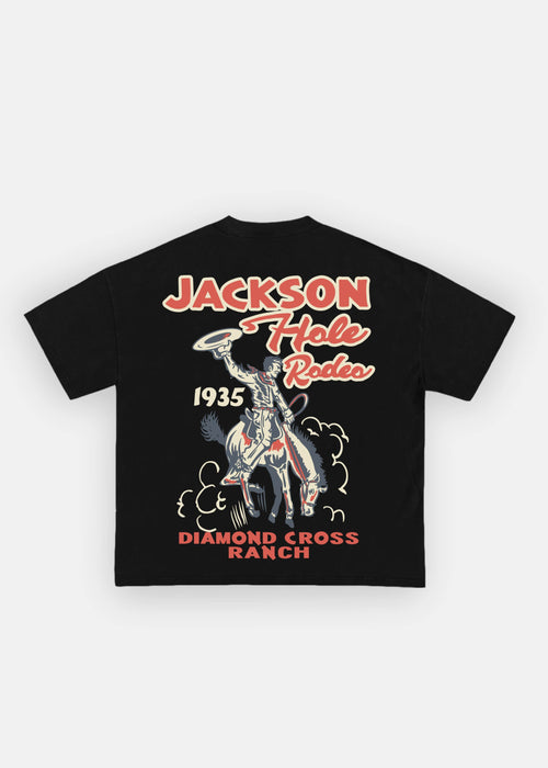 Black | Black t-shirt with graphic design and text on a white background