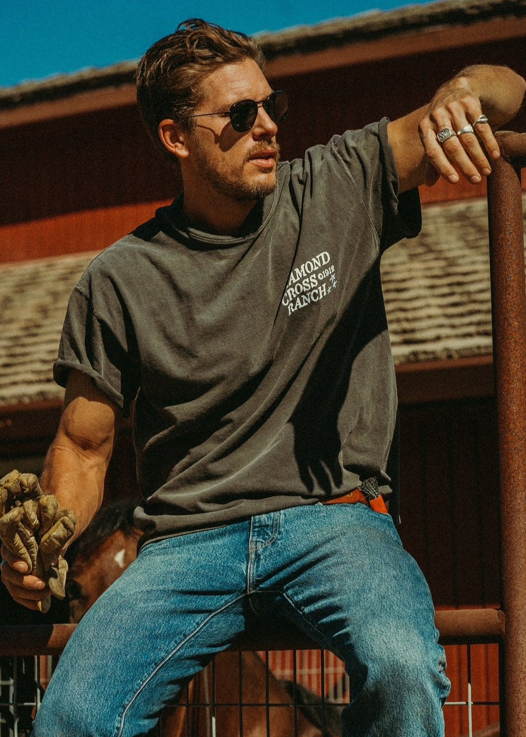 Black Distressed | Diamond cross ranch Soarin' gray t-shirt