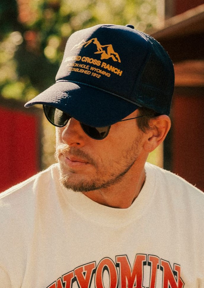 Navy & Yellow | Diamond Cross Ranch Cowboy Yellowstone Wyoming Mountain Trucker Cap